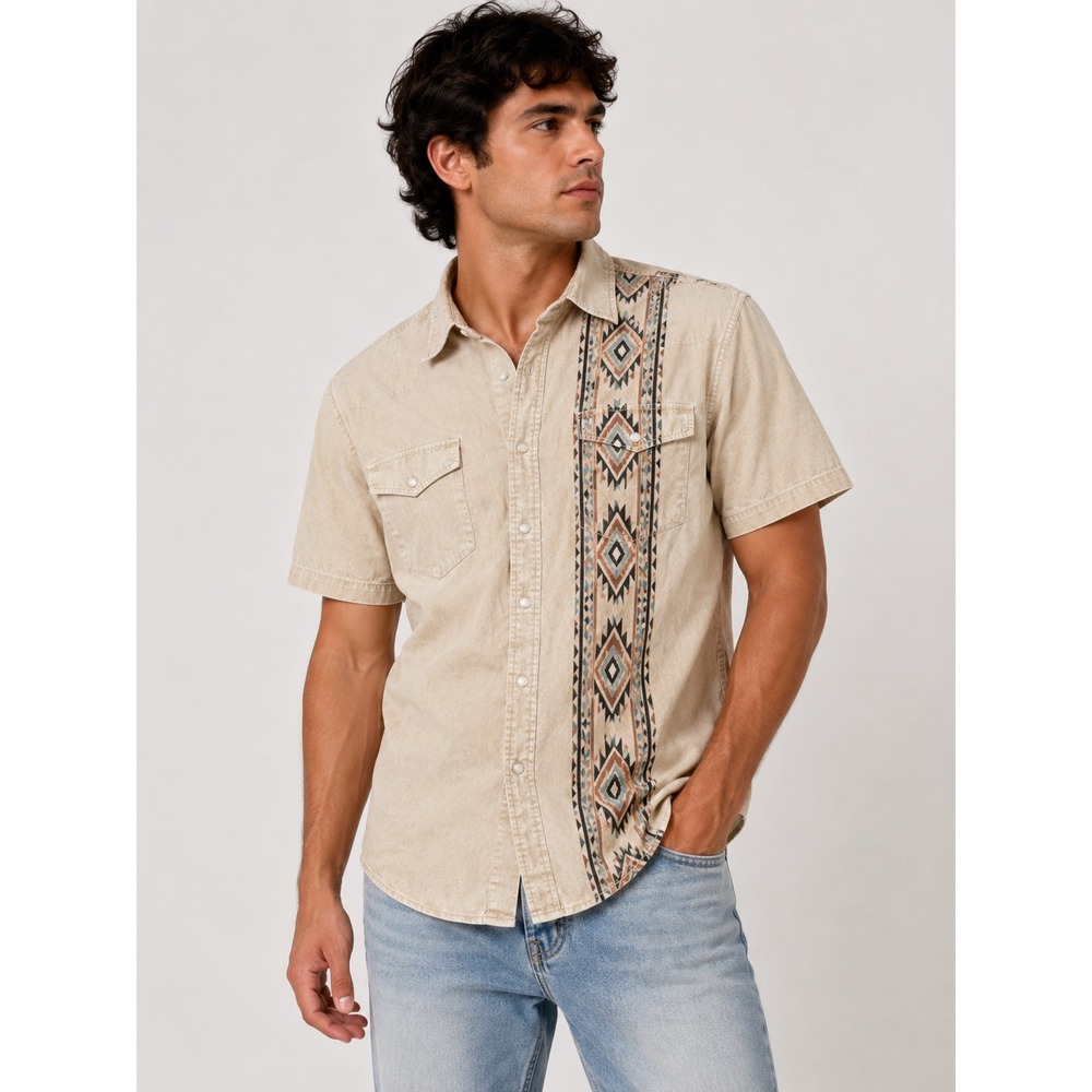 Wrangler Western Shirt Aztec Pattern Short Sleeve Button Down‎ Casual Beige |G1